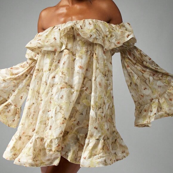 Yellow Boho Women's Chiffon Off Shoulder Floral Ruffle Bell Sleeve Mini Dress - Picture 3 of 6